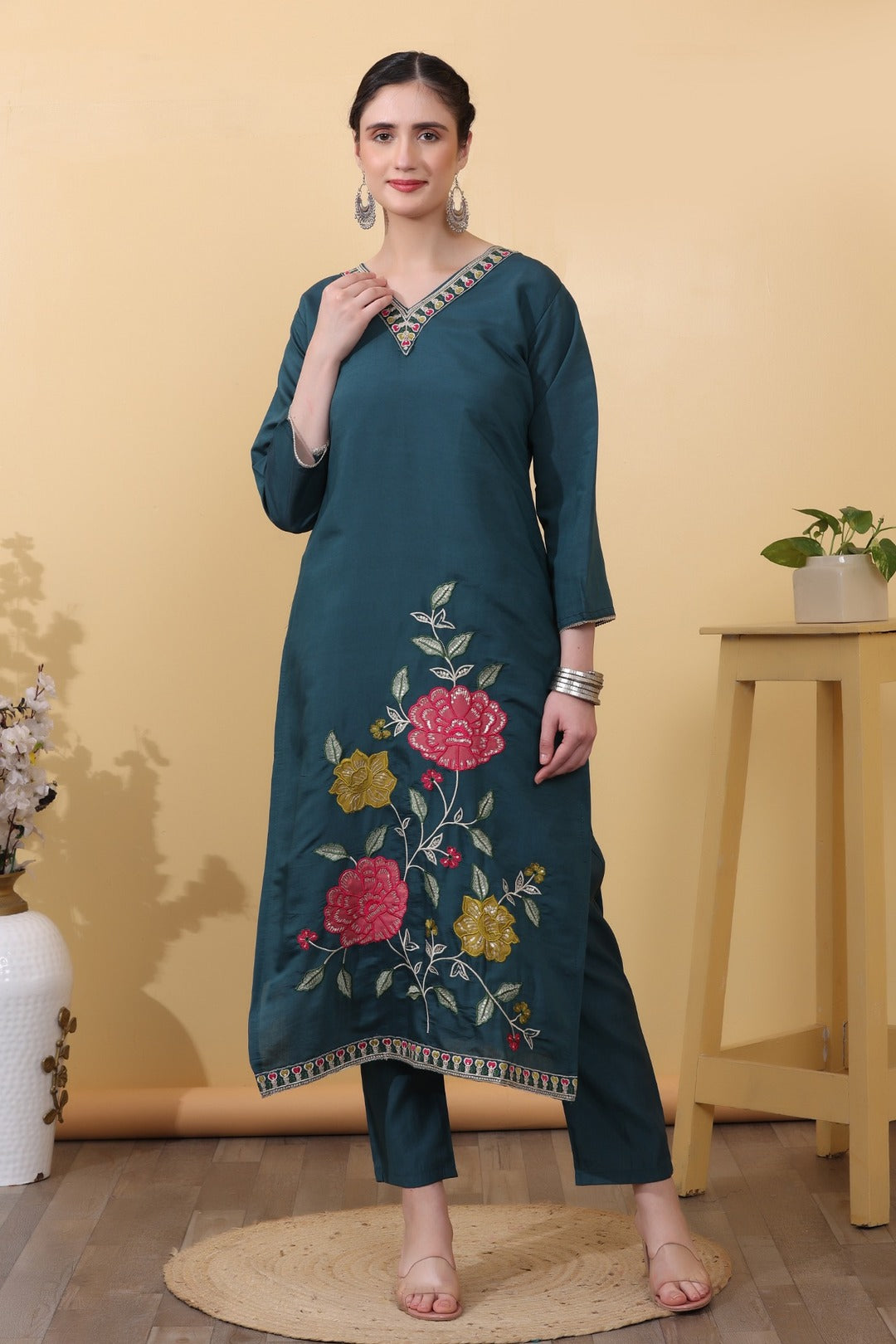 Green Teal Roman Silk Embroidered Straight Suit Set with Dupatta