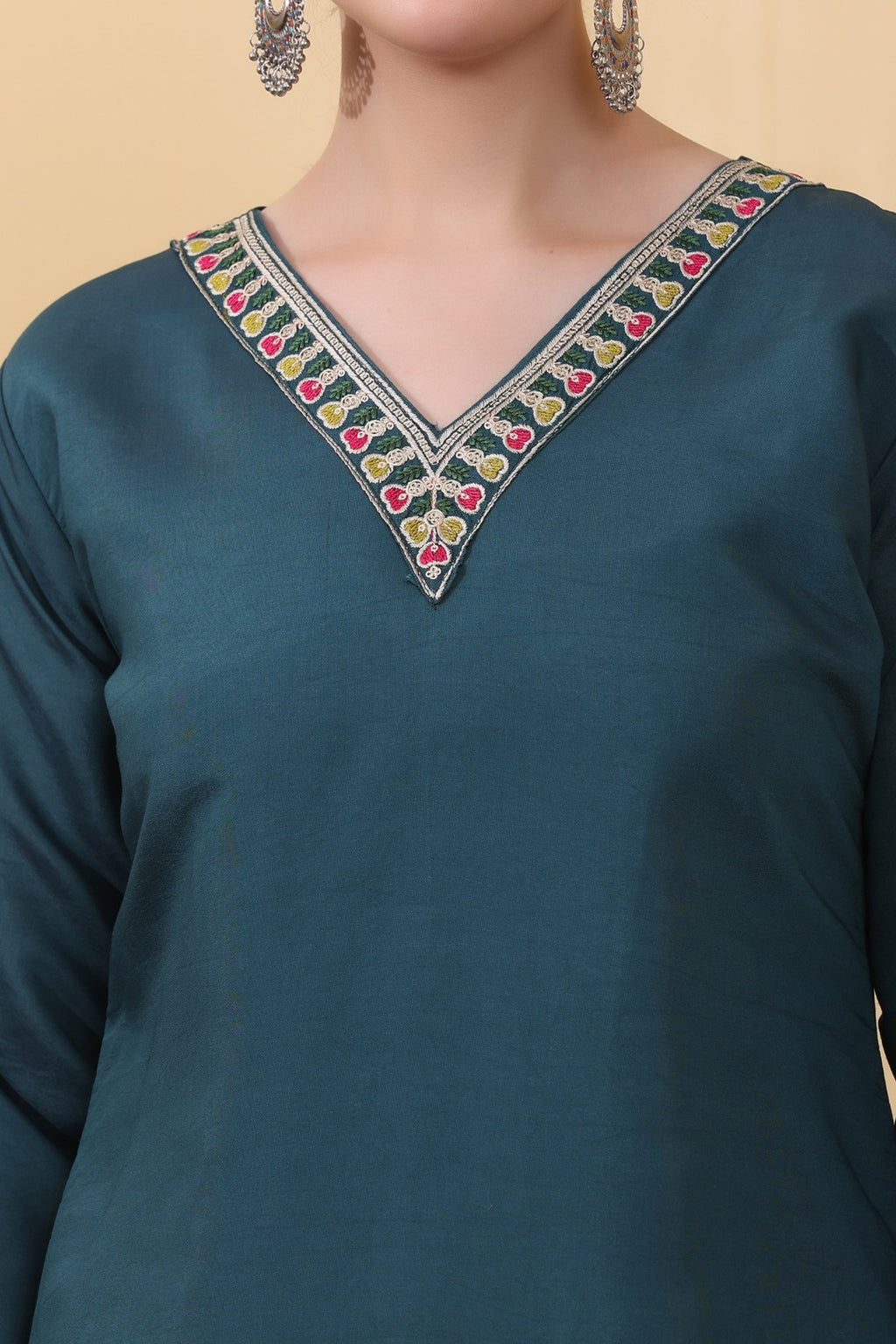 Green Teal Roman Silk Embroidered Straight Suit Set with Dupatta
