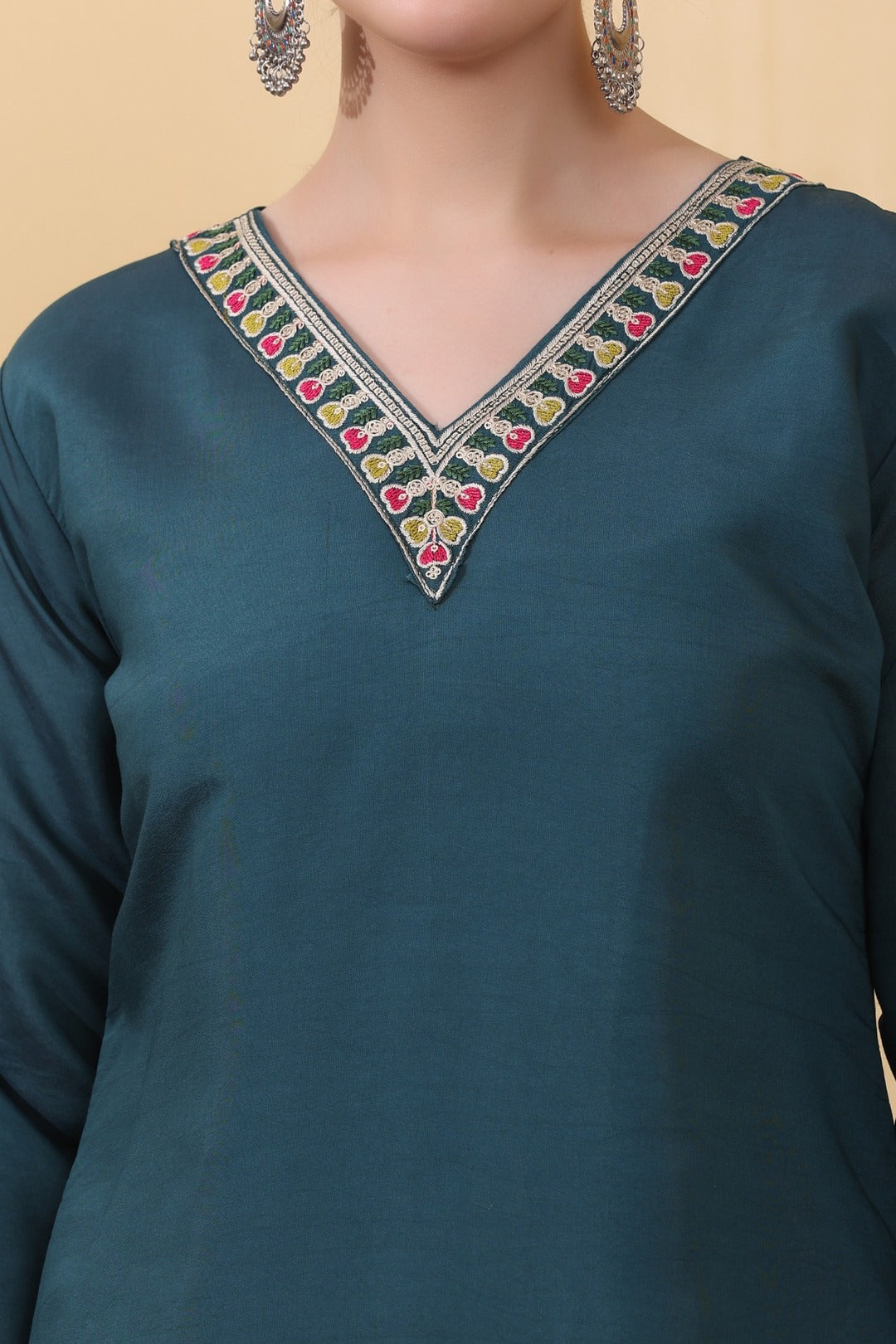 Green Teal Roman Silk Embroidered Straight Suit Set with Dupatta