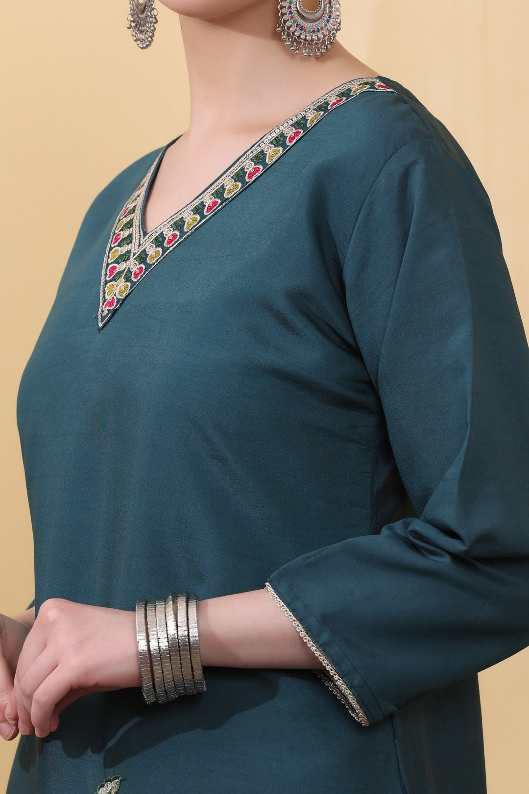 Green Teal Roman Silk Embroidered Straight Suit Set with Dupatta