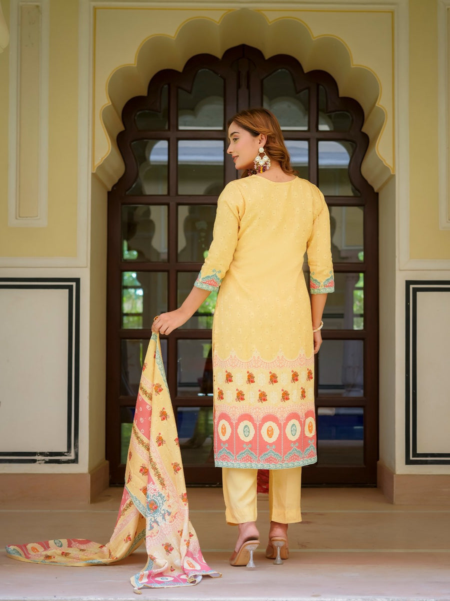 Beige Maslin Printed & Embroidered Suit Set