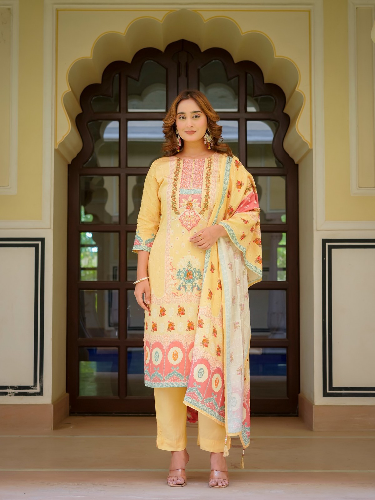 Beige Maslin Printed & Embroidered Suit Set