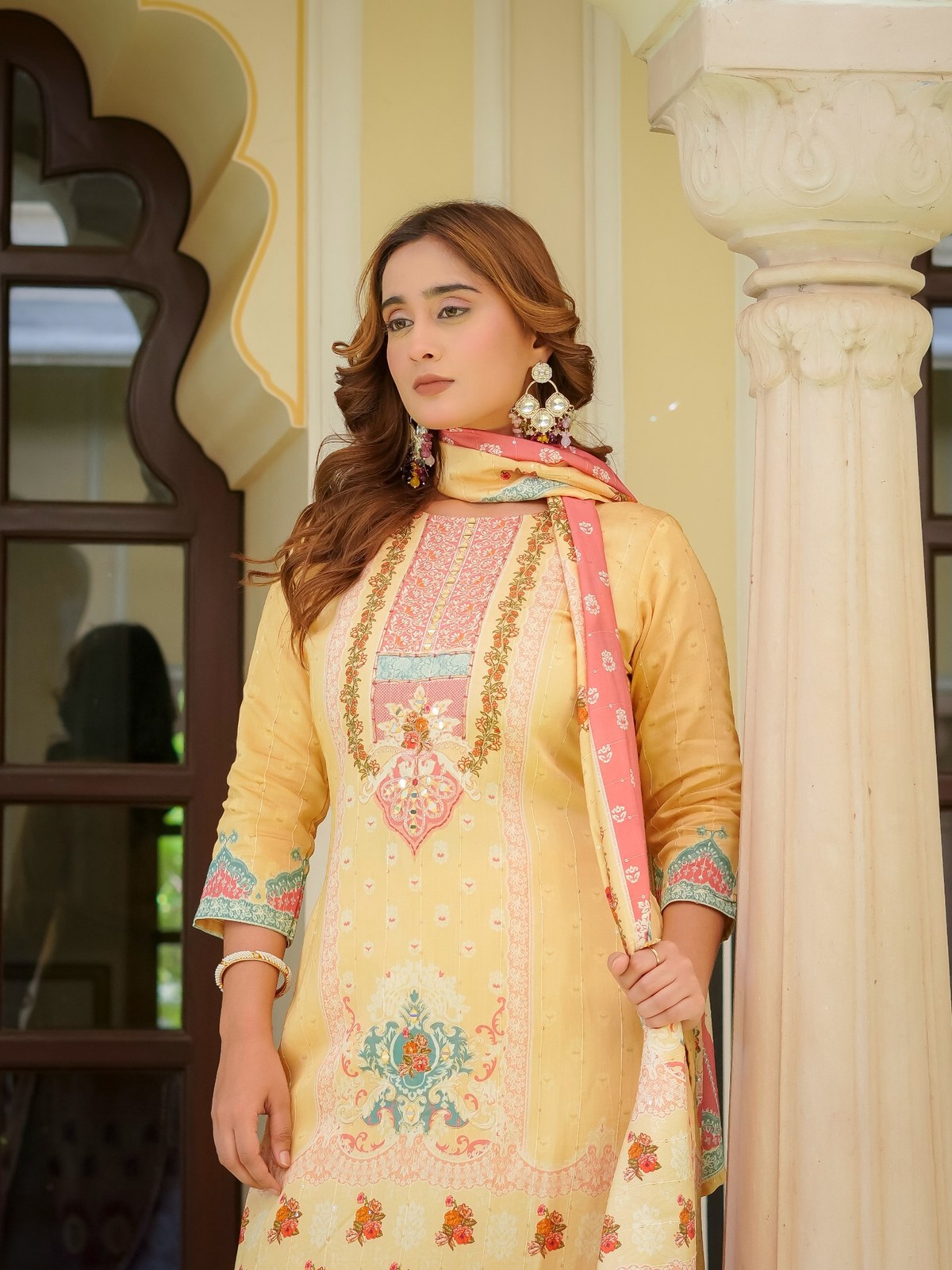 Beige Maslin Printed & Embroidered Suit Set