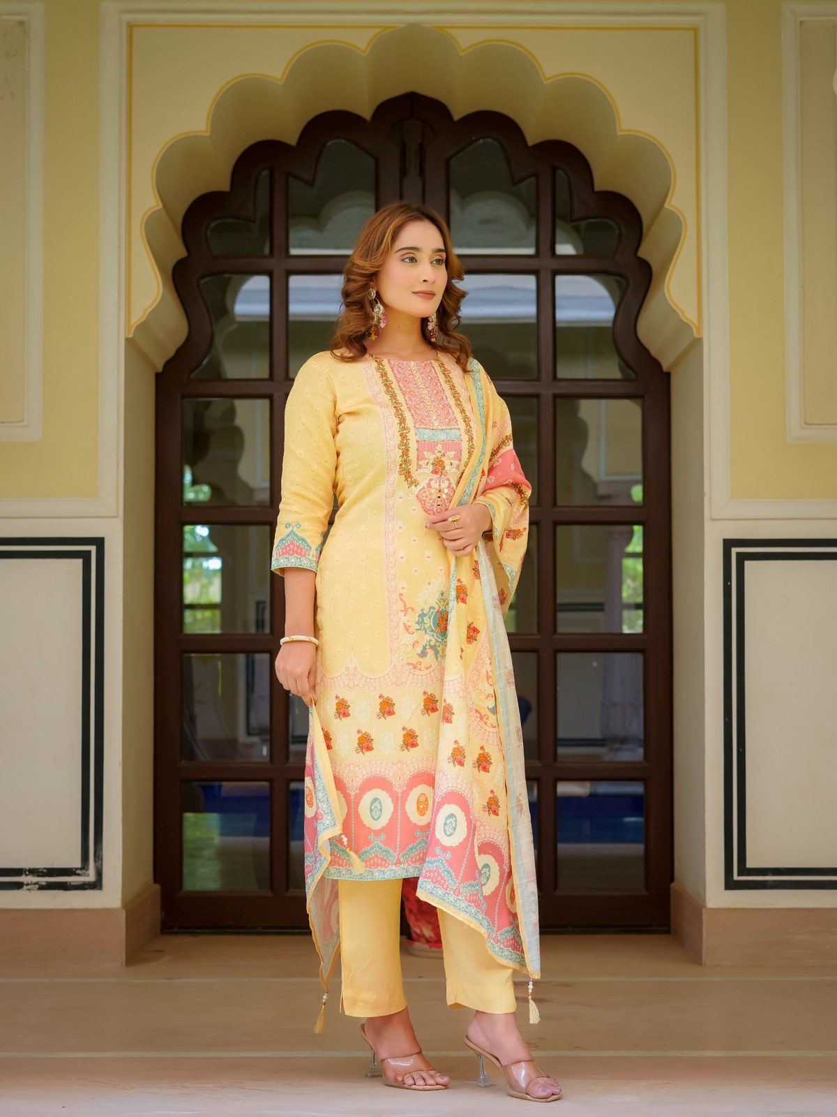 Beige Maslin Printed & Embroidered Suit Set