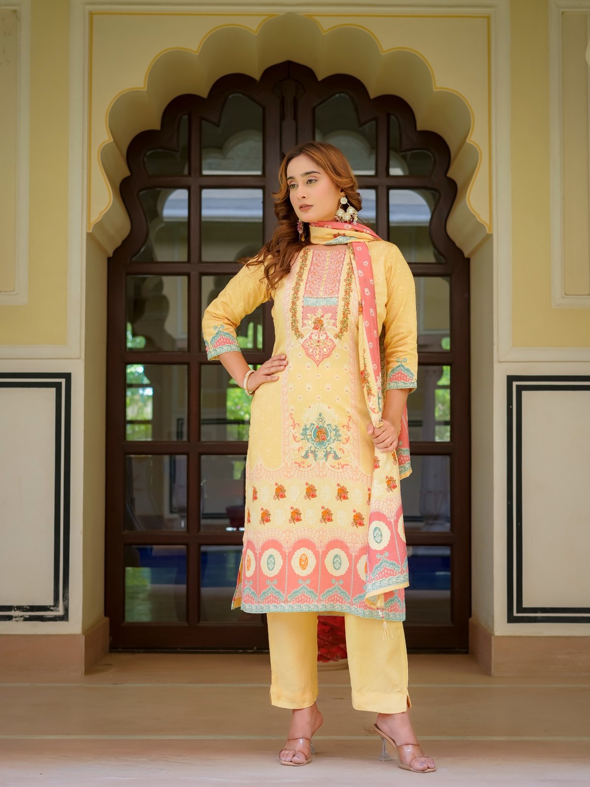 Beige Maslin Printed & Embroidered Suit Set