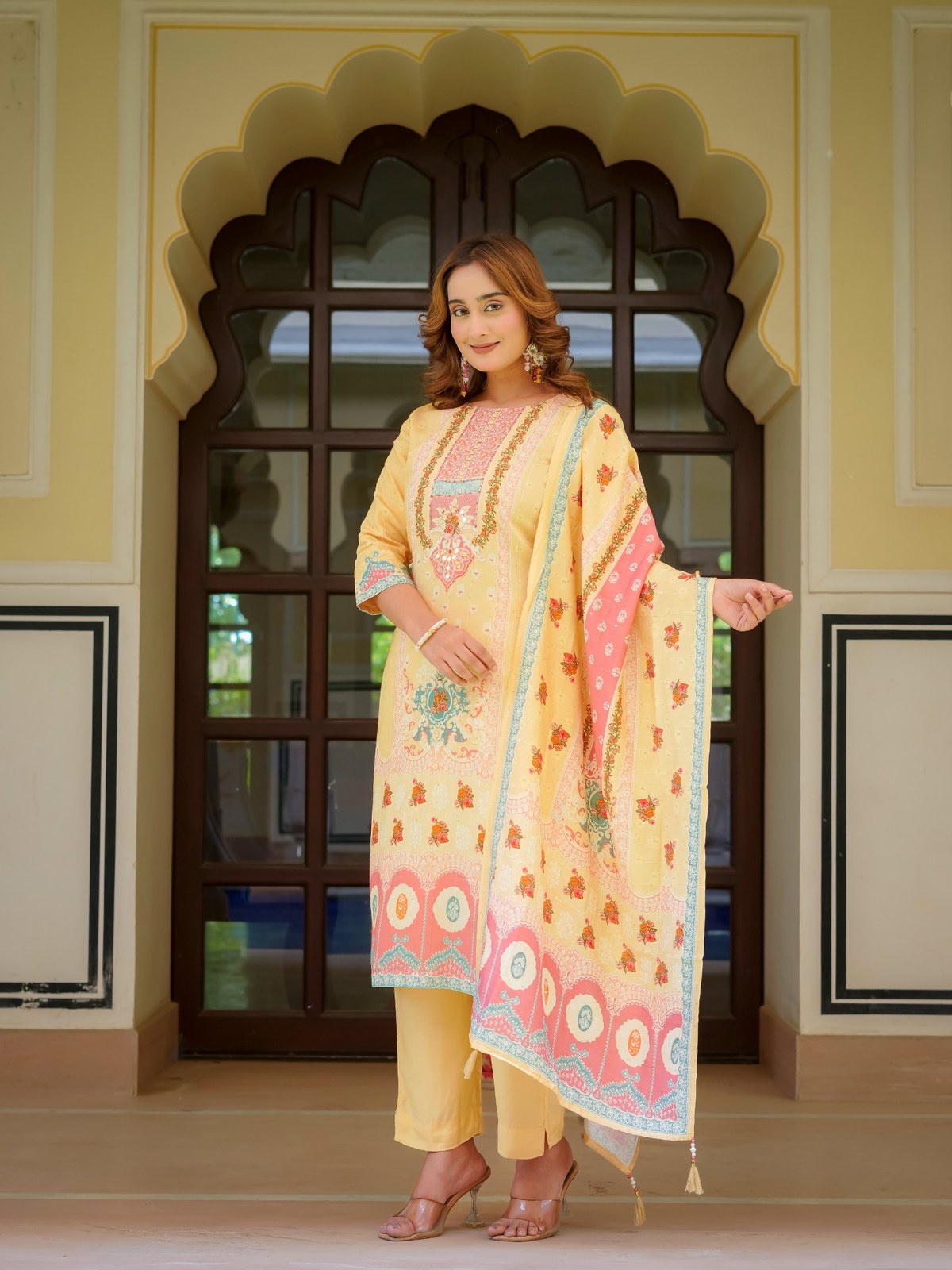 Beige Maslin Printed & Embroidered Suit Set