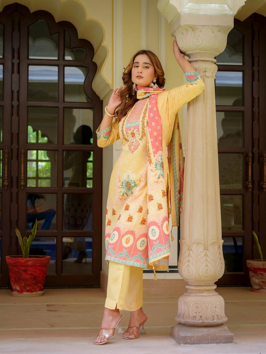 Beige Maslin Printed & Embroidered Suit Set