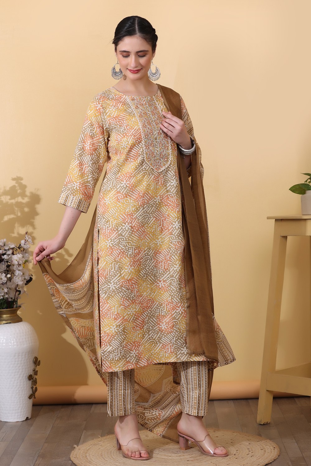 Yellow Rayon Printed & Embroidered Suit Set