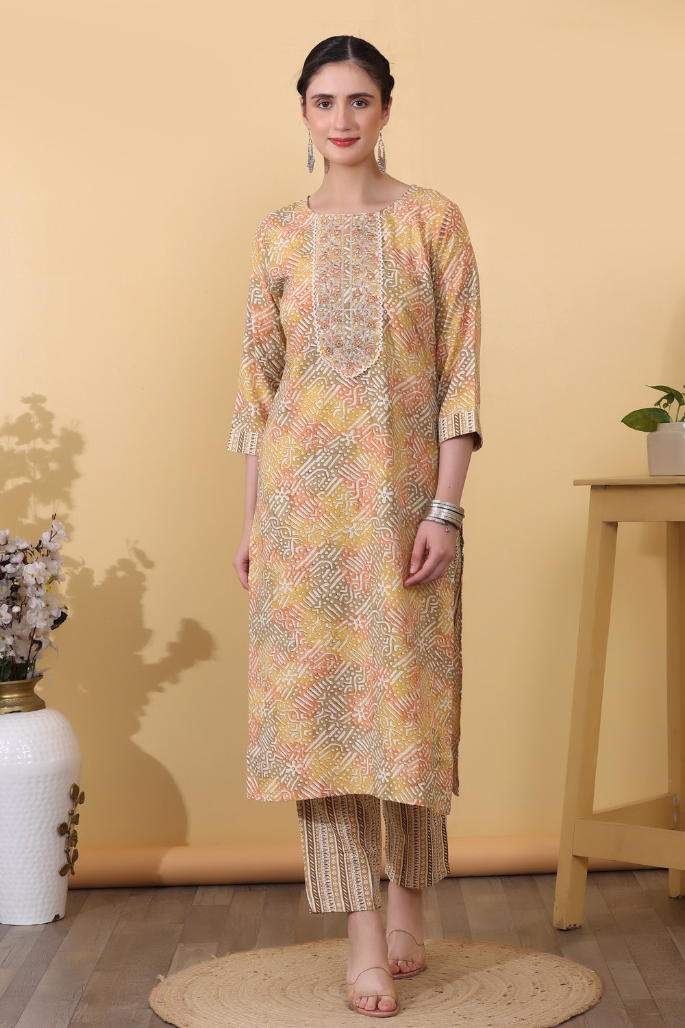 Yellow Rayon Printed & Embroidered Suit Set