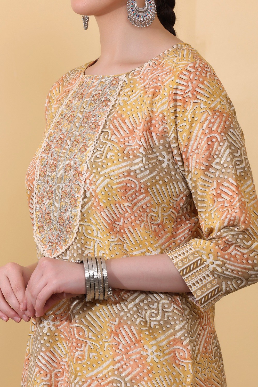Yellow Rayon Printed & Embroidered Suit Set
