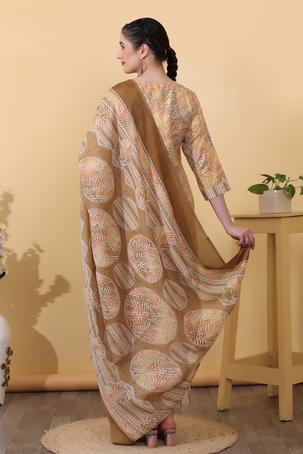 Yellow Rayon Printed & Embroidered Suit Set