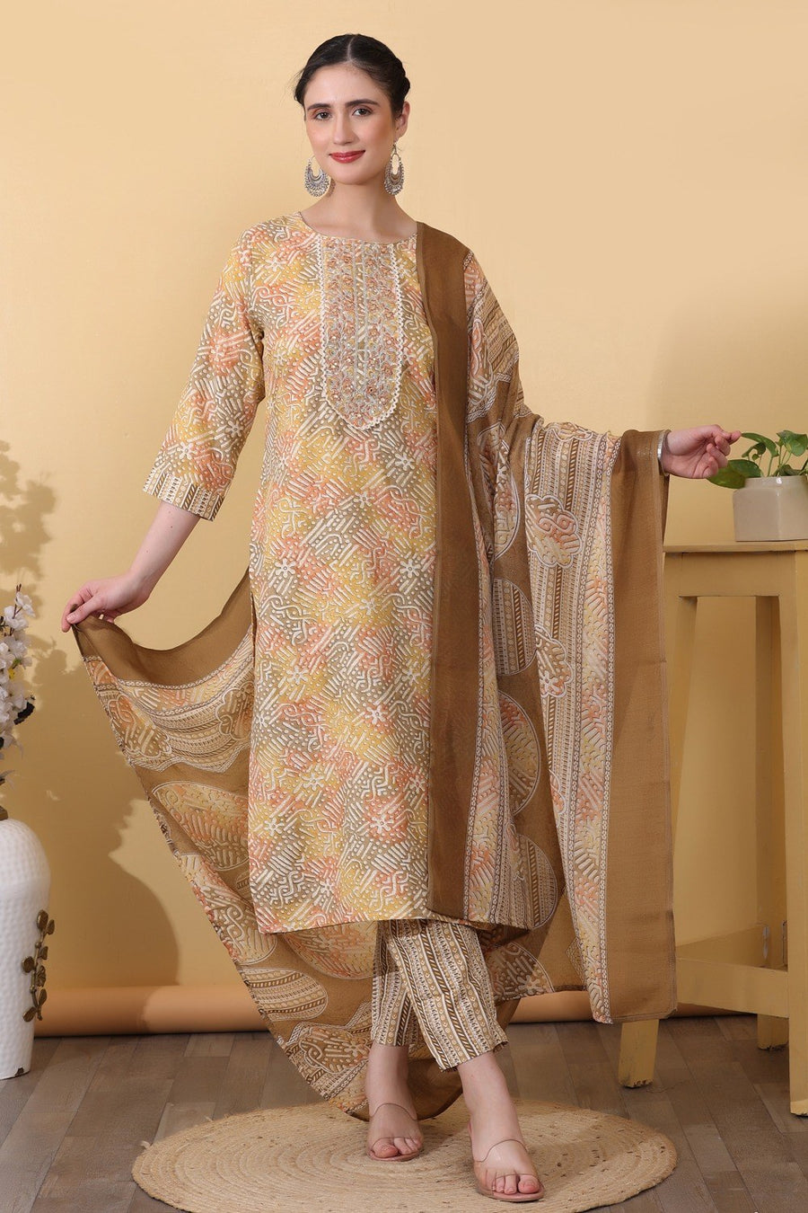 Yellow Rayon Printed & Embroidered Suit Set