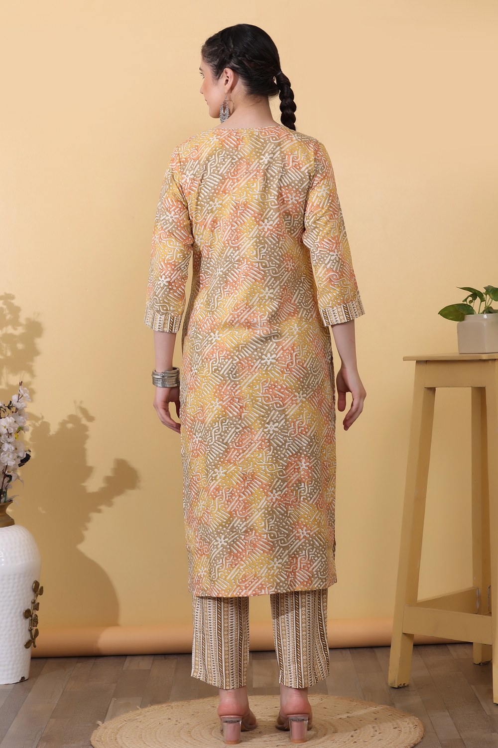 Yellow Rayon Printed & Embroidered Suit Set