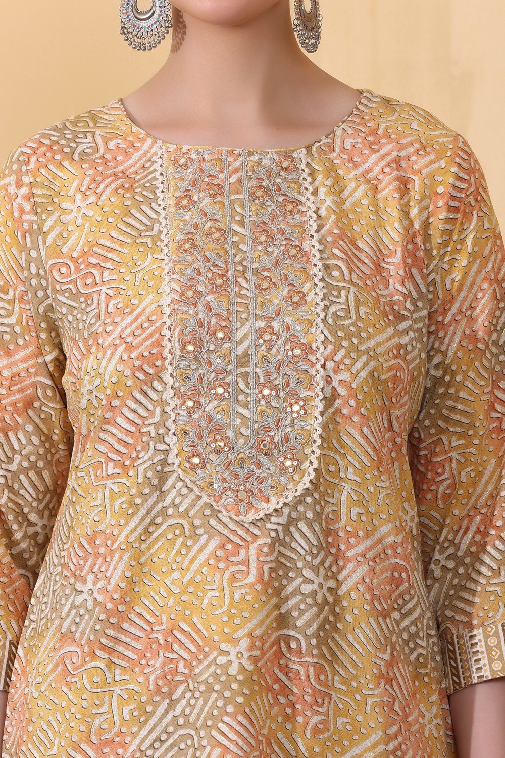Yellow Rayon Printed & Embroidered Suit Set