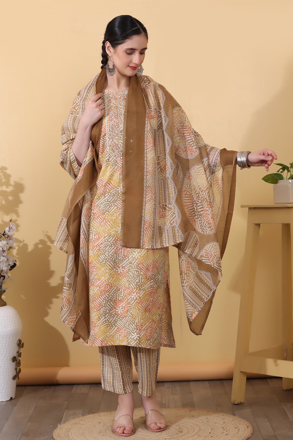 Yellow Rayon Printed & Embroidered Suit Set