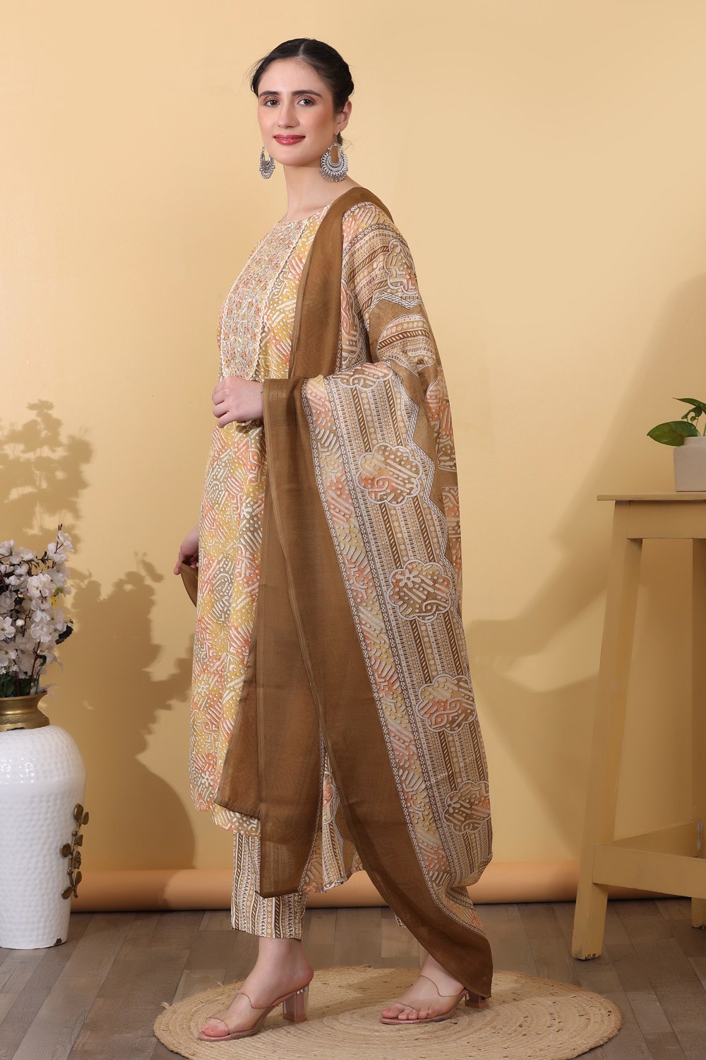 Yellow Rayon Printed & Embroidered Suit Set