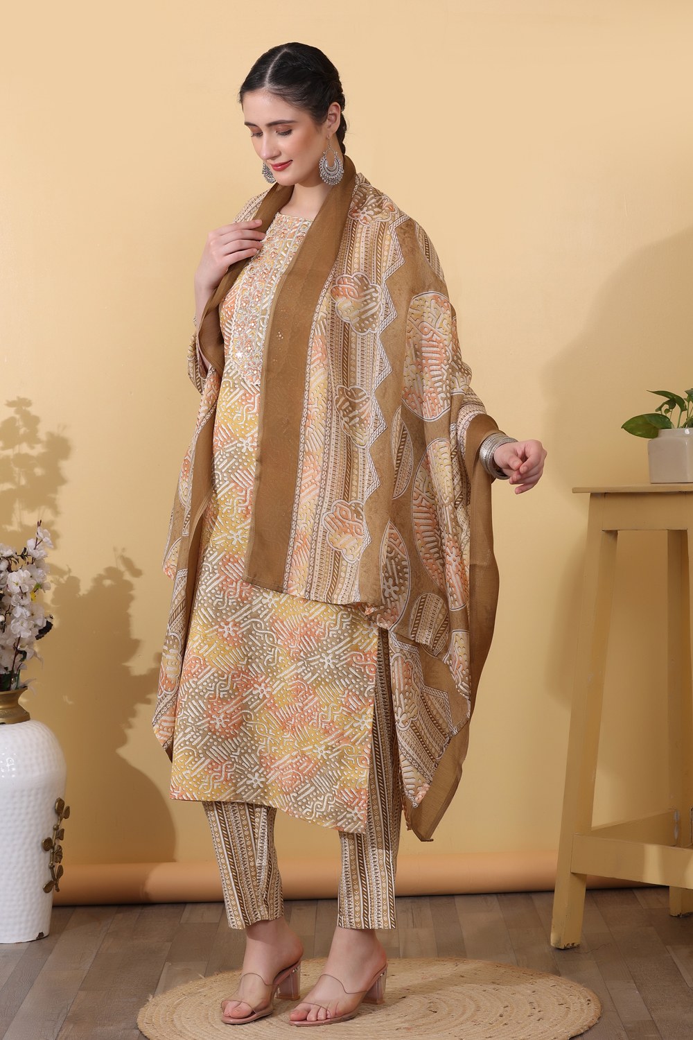 Yellow Rayon Printed & Embroidered Suit Set