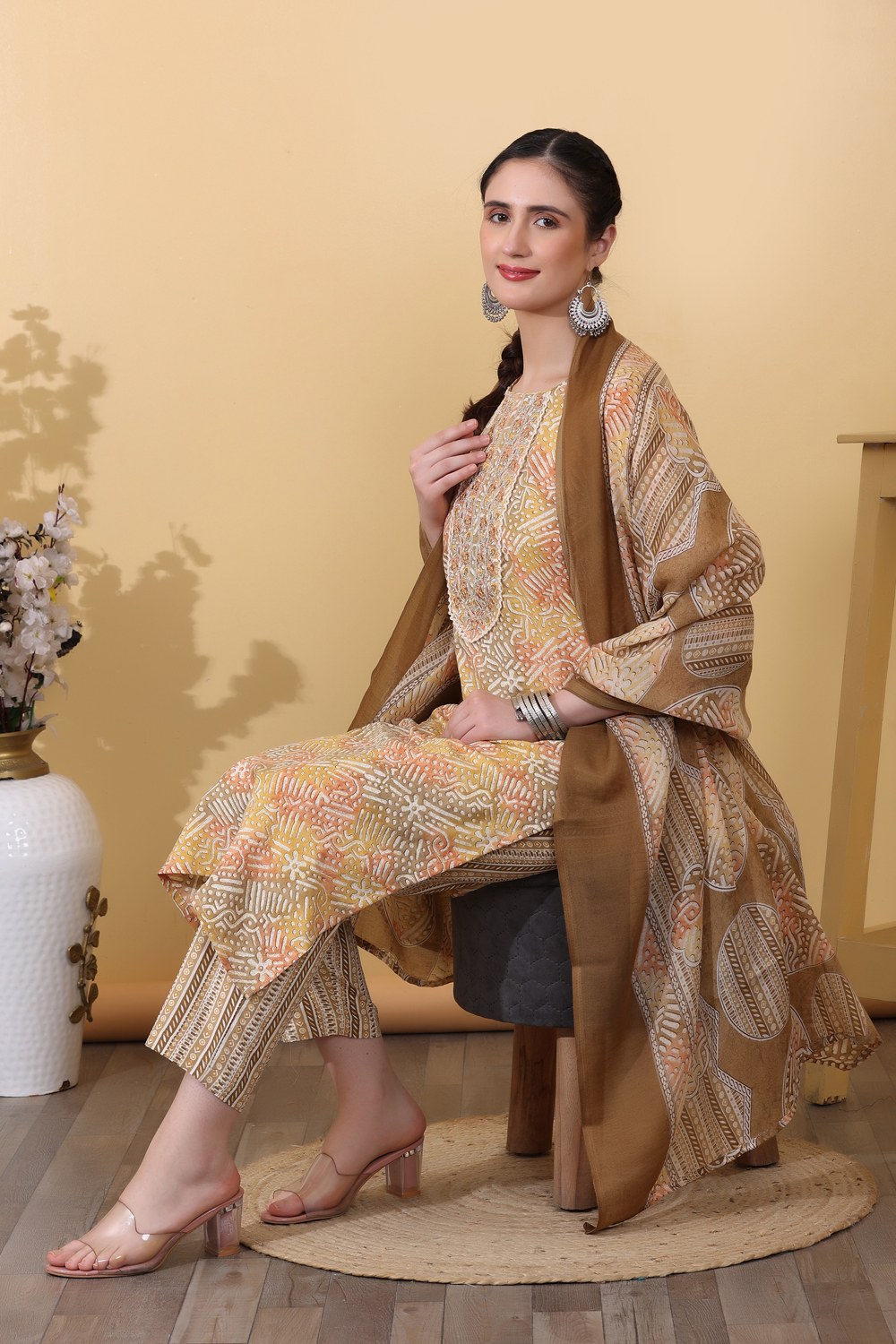 Yellow Rayon Printed & Embroidered Suit Set