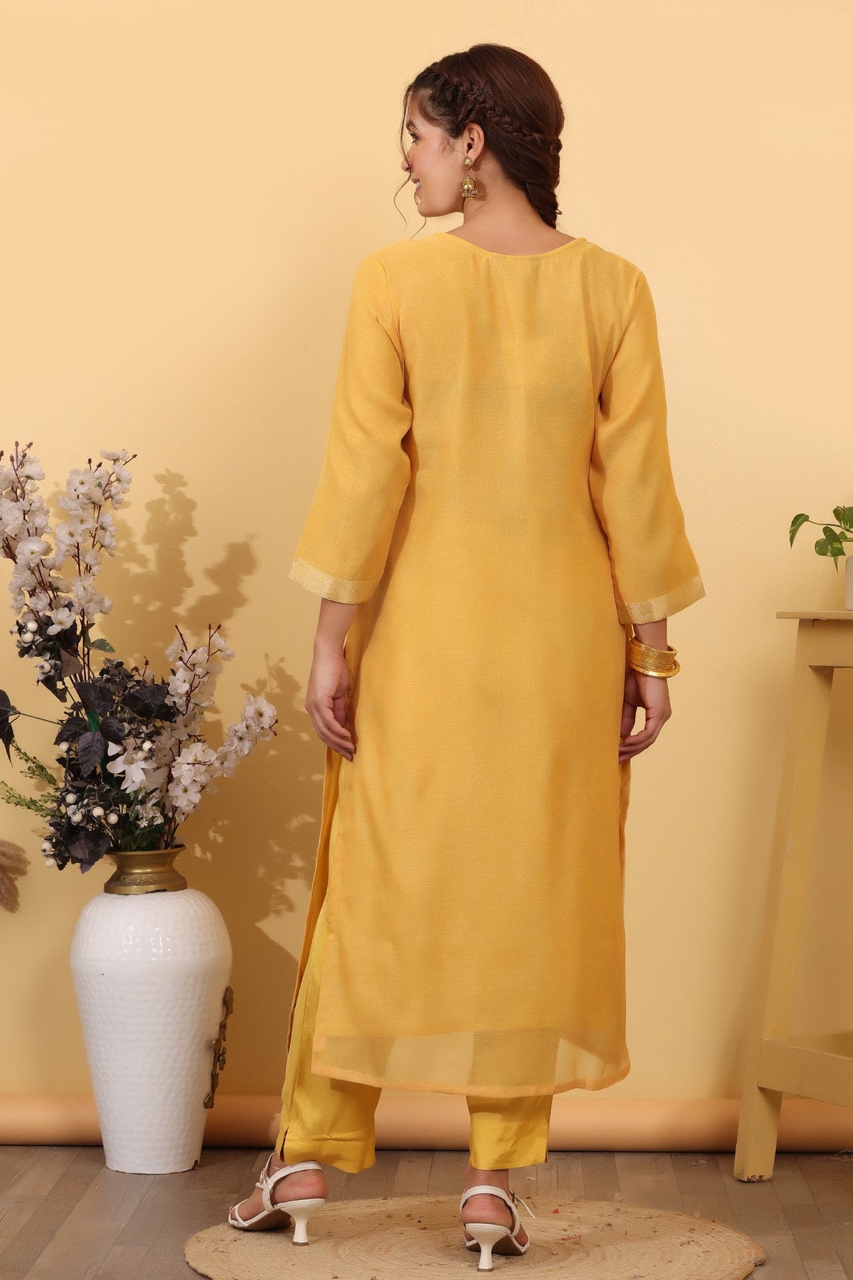 Sun Yellow Jacquard Silk Embroidered Kurta Suit Set with Dupatta