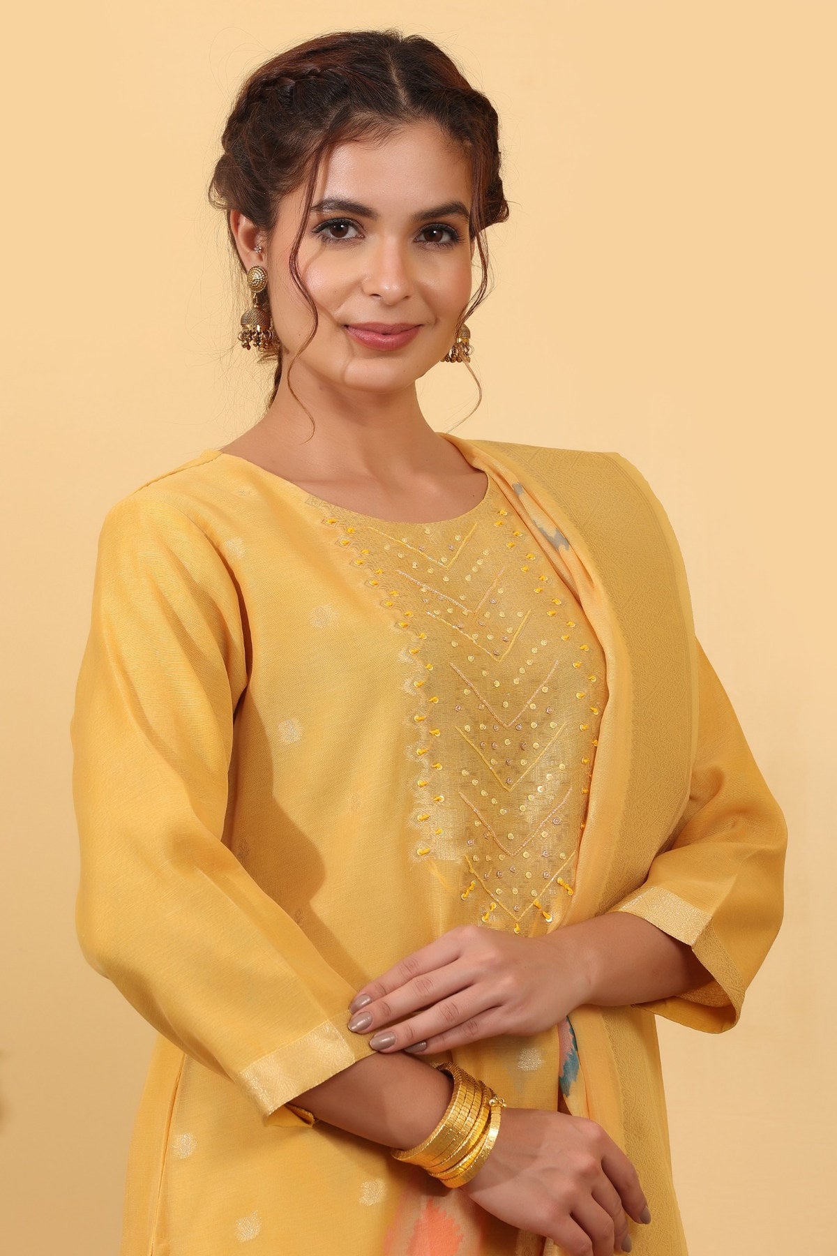Sun Yellow Jacquard Silk Embroidered Kurta Suit Set with Dupatta