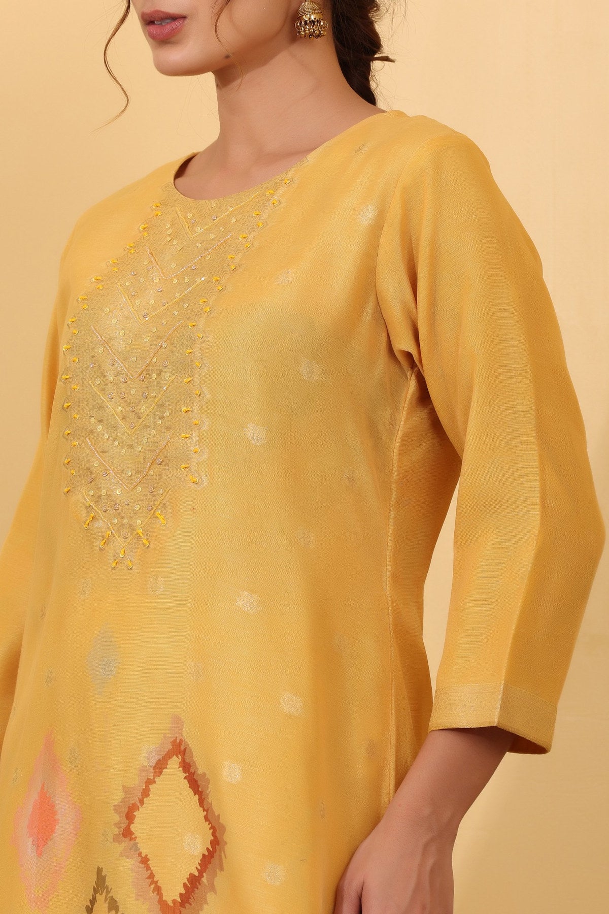 Sun Yellow Jacquard Silk Embroidered Kurta Suit Set with Dupatta