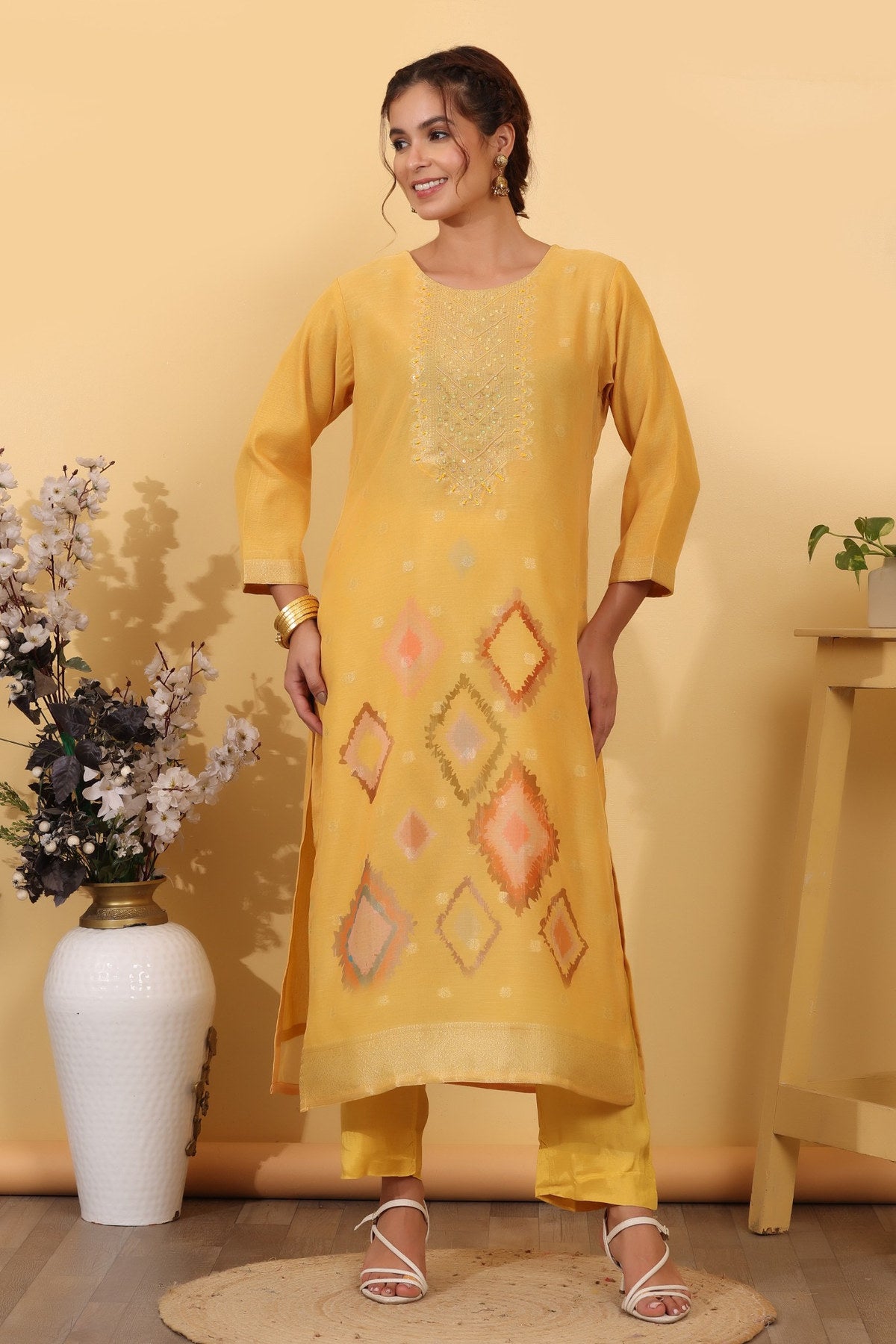 Sun Yellow Jacquard Silk Embroidered Kurta Suit Set with Dupatta