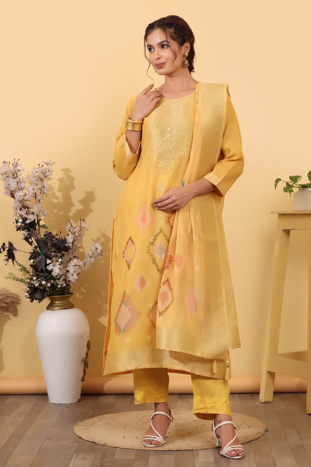Sun Yellow Jacquard Silk Embroidered Kurta Suit Set with Dupatta