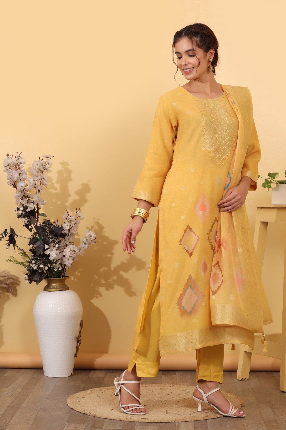 Sun Yellow Jacquard Silk Embroidered Kurta Suit Set with Dupatta
