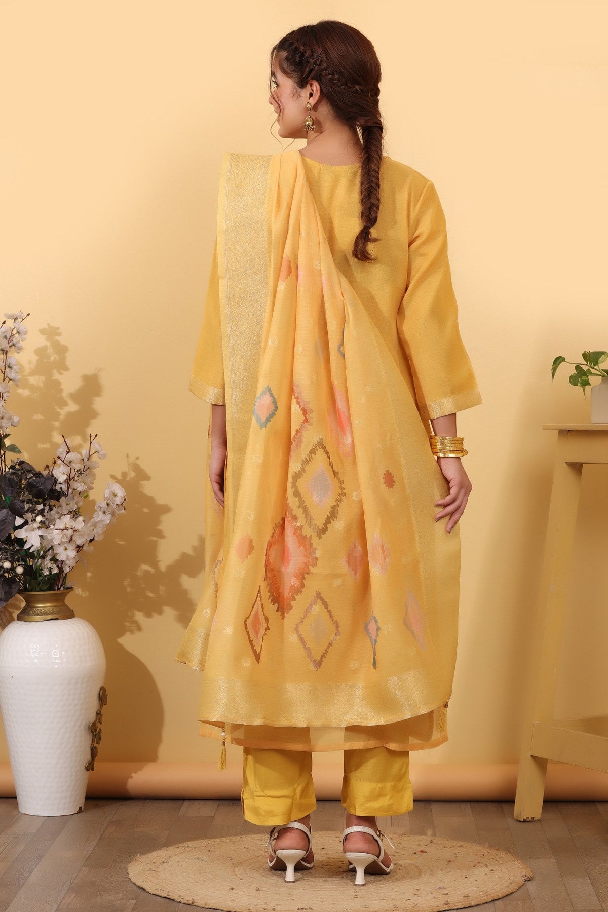 Sun Yellow Jacquard Silk Embroidered Kurta Suit Set with Dupatta