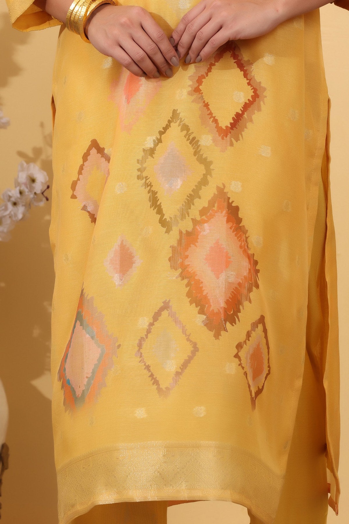 Sun Yellow Jacquard Silk Embroidered Kurta Suit Set with Dupatta