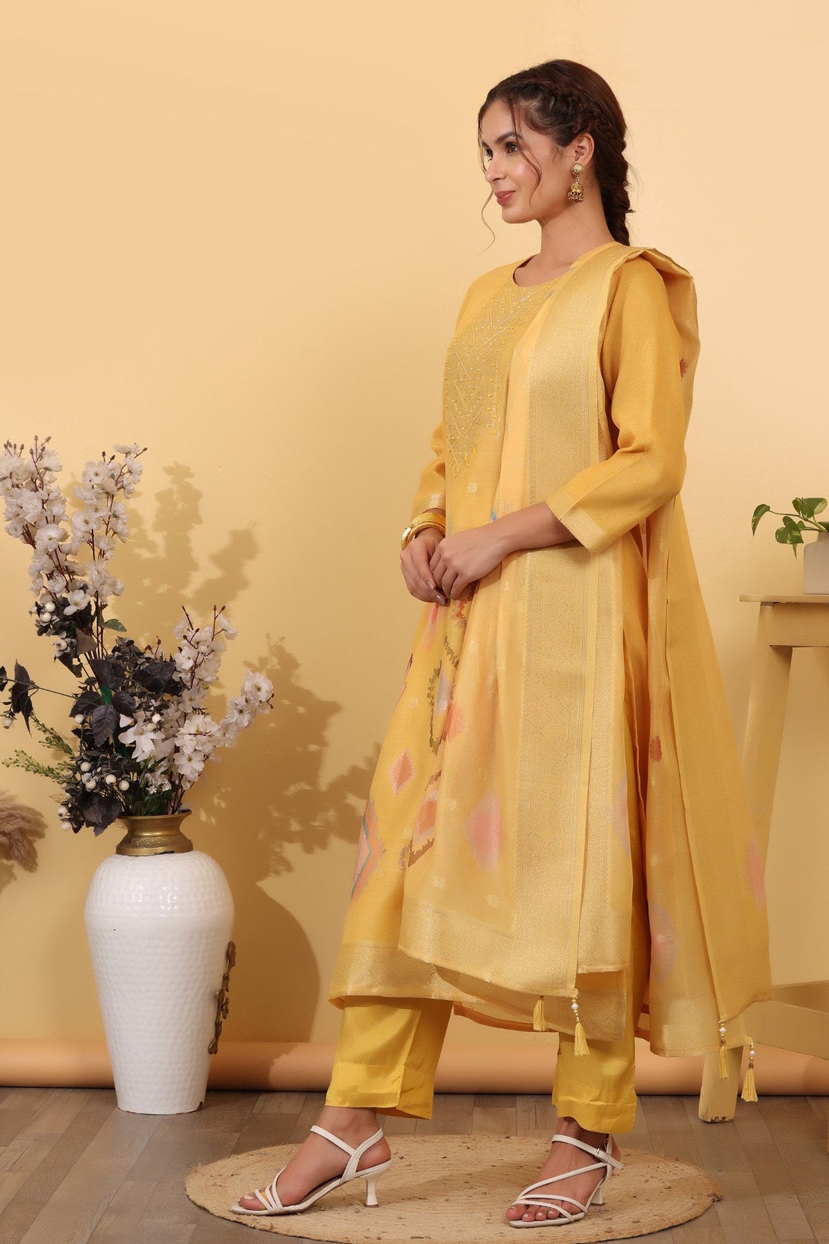 Sun Yellow Jacquard Silk Embroidered Kurta Suit Set with Dupatta