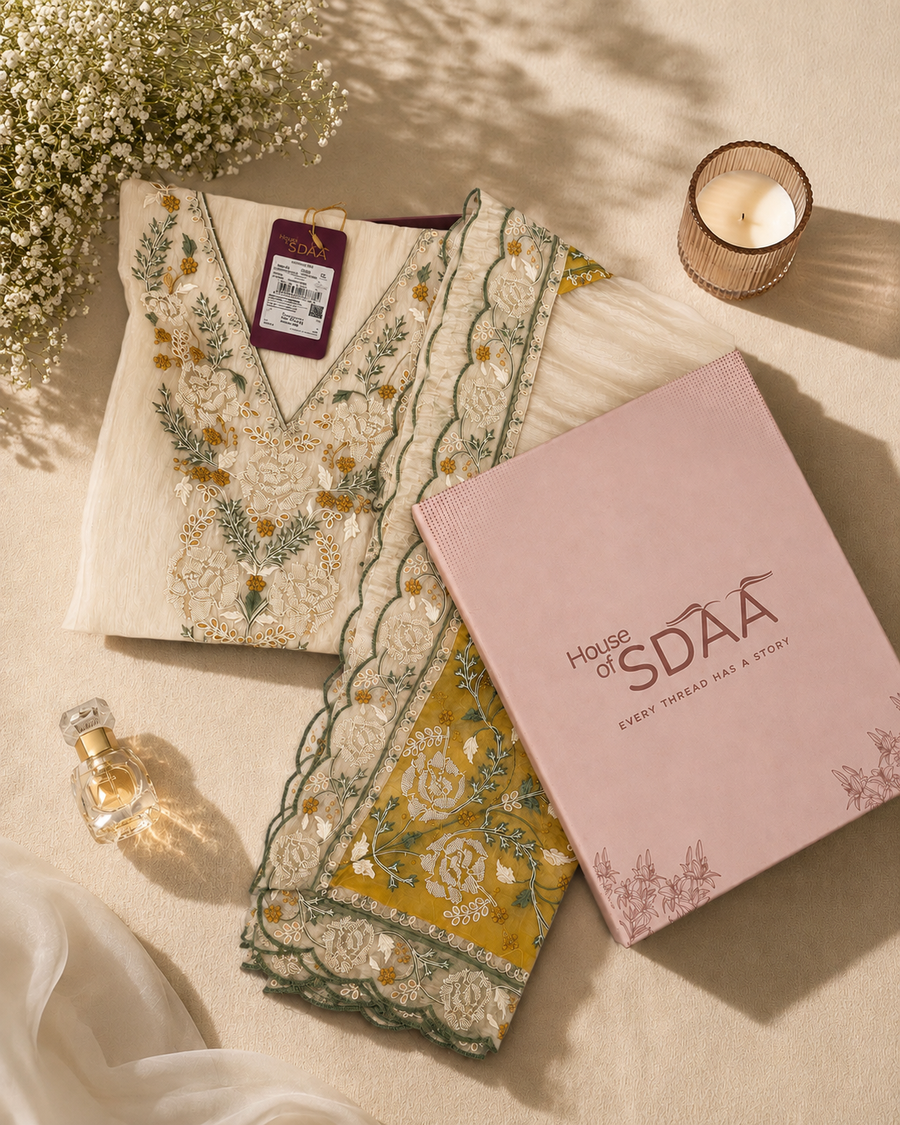 Cream & Yellow Embroidered Tissue Silk Unstitched Dress Material